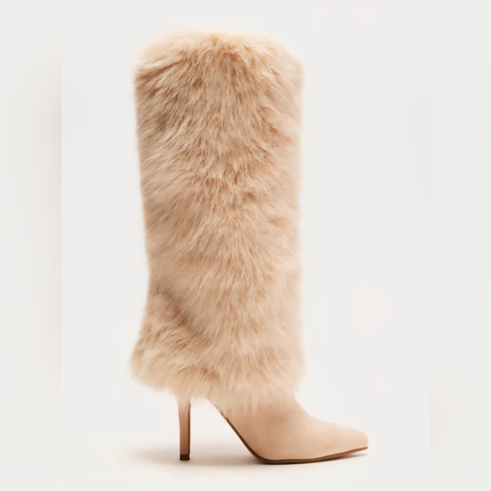 Fashion Nova Tan Heeled Boots with Faux Fur